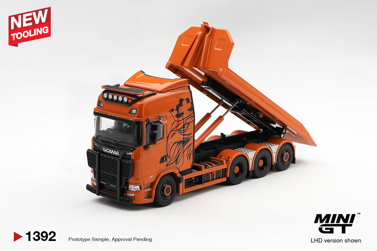 SCANIA 770S B8x4NA HOOKLIFT FLATBED ORANGE (MINI GT, MGT01392)