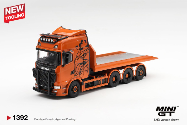 SCANIA 770S B8x4NA HOOKLIFT FLATBED ORANGE (MINI GT, MGT01392) 6